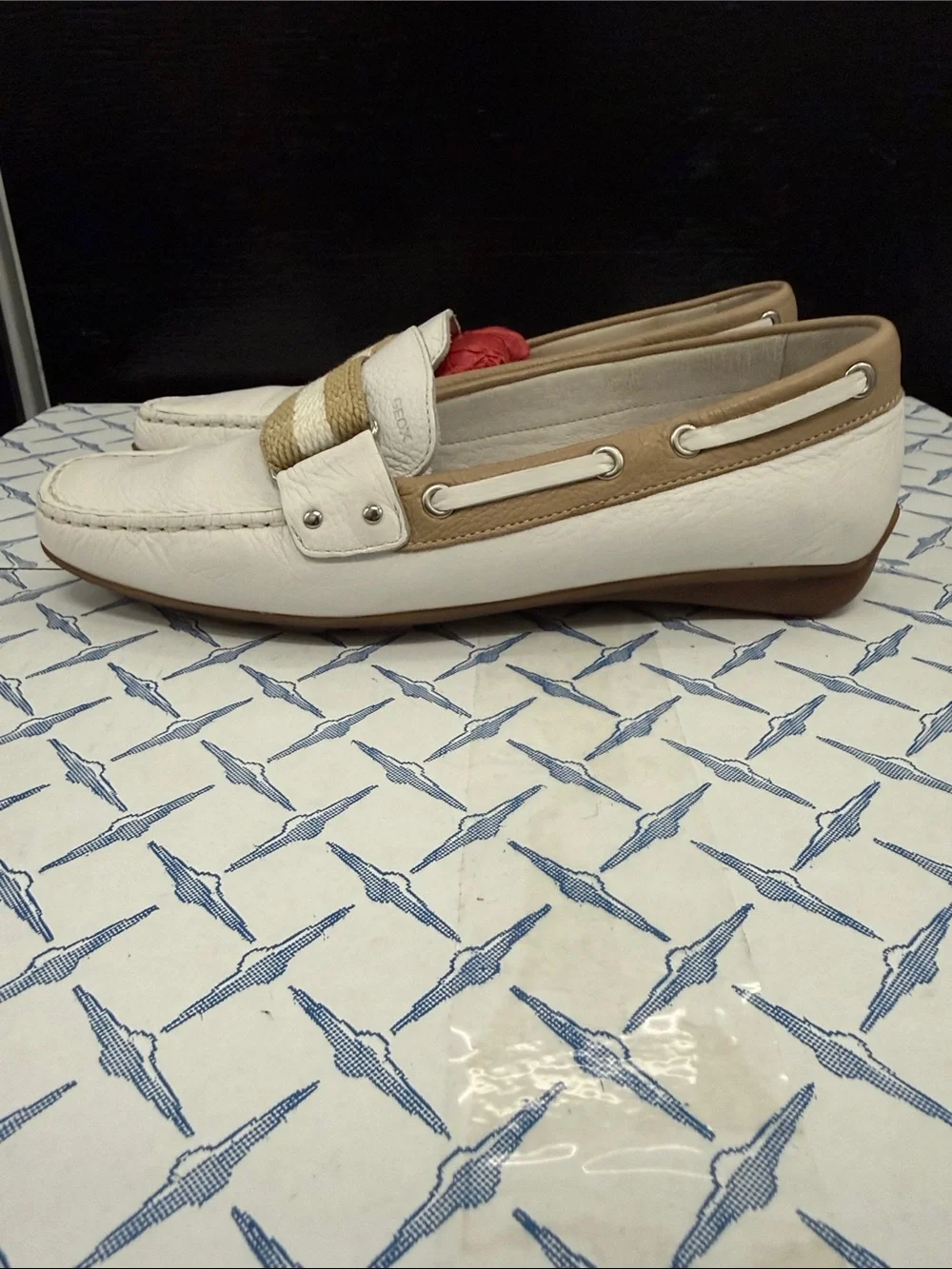 Geox White Leather Slip-On Loafers with Beige Strap and Red Lining
